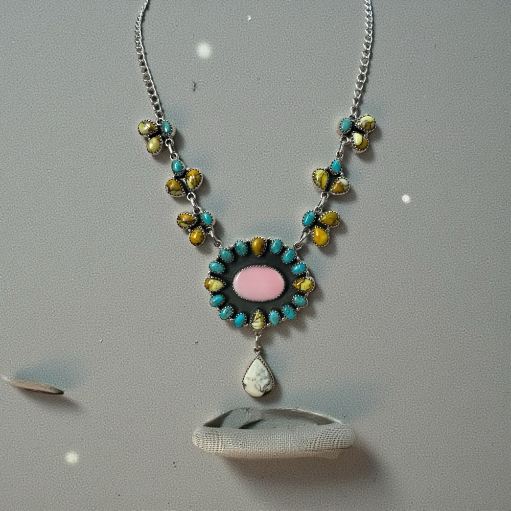 Honey Dahlia Turquoise, Kingman Turquoise & Conch Solid Sterling Silver Necklace - Picture 7 of 15